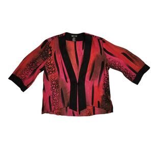 Simply Silk Kimono Style Boho Jacket Top Blouse M Embossed Pure Silk Pink Black